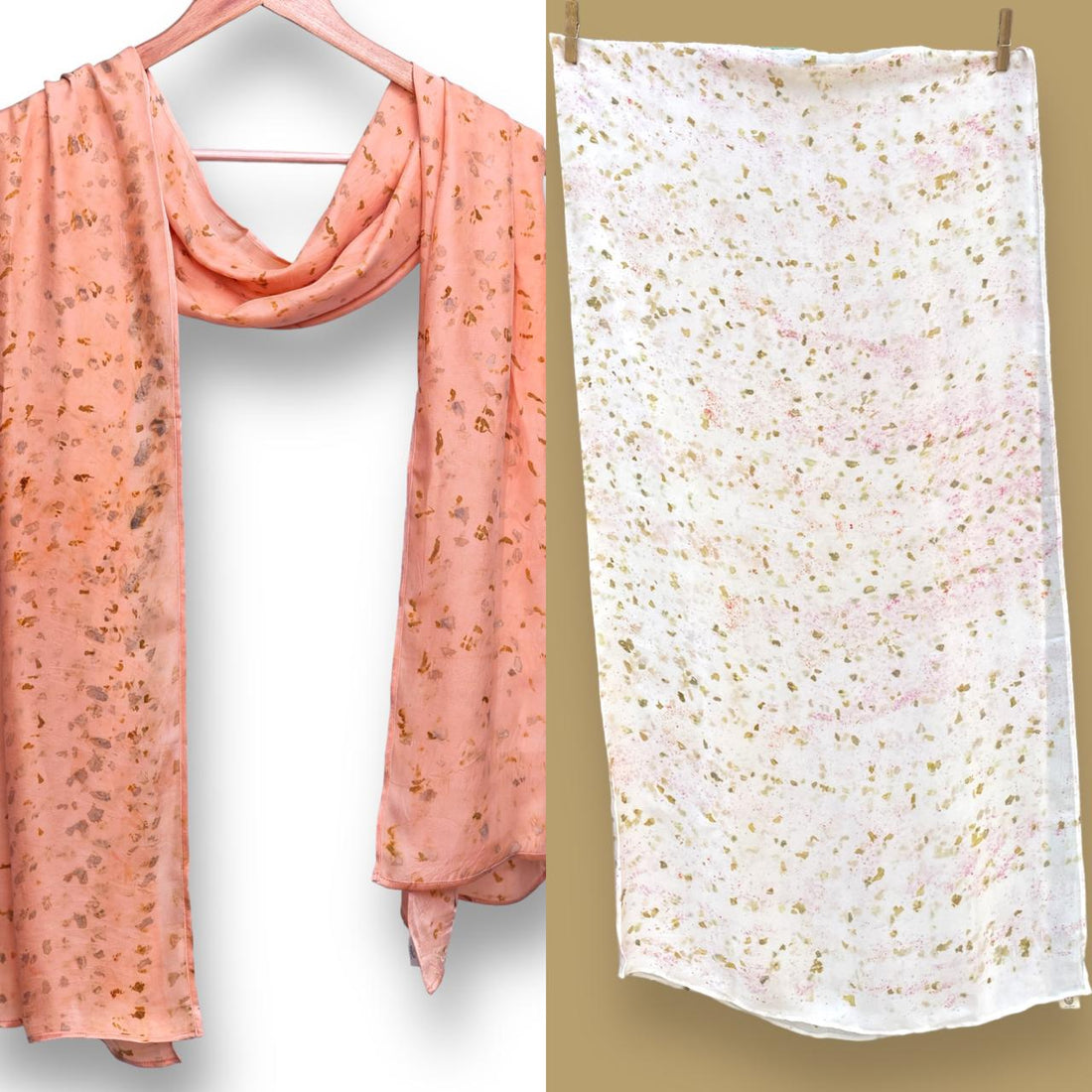 Eco-printed Bemberg Satin Square Scarf | White with Small Green and Yellow Print