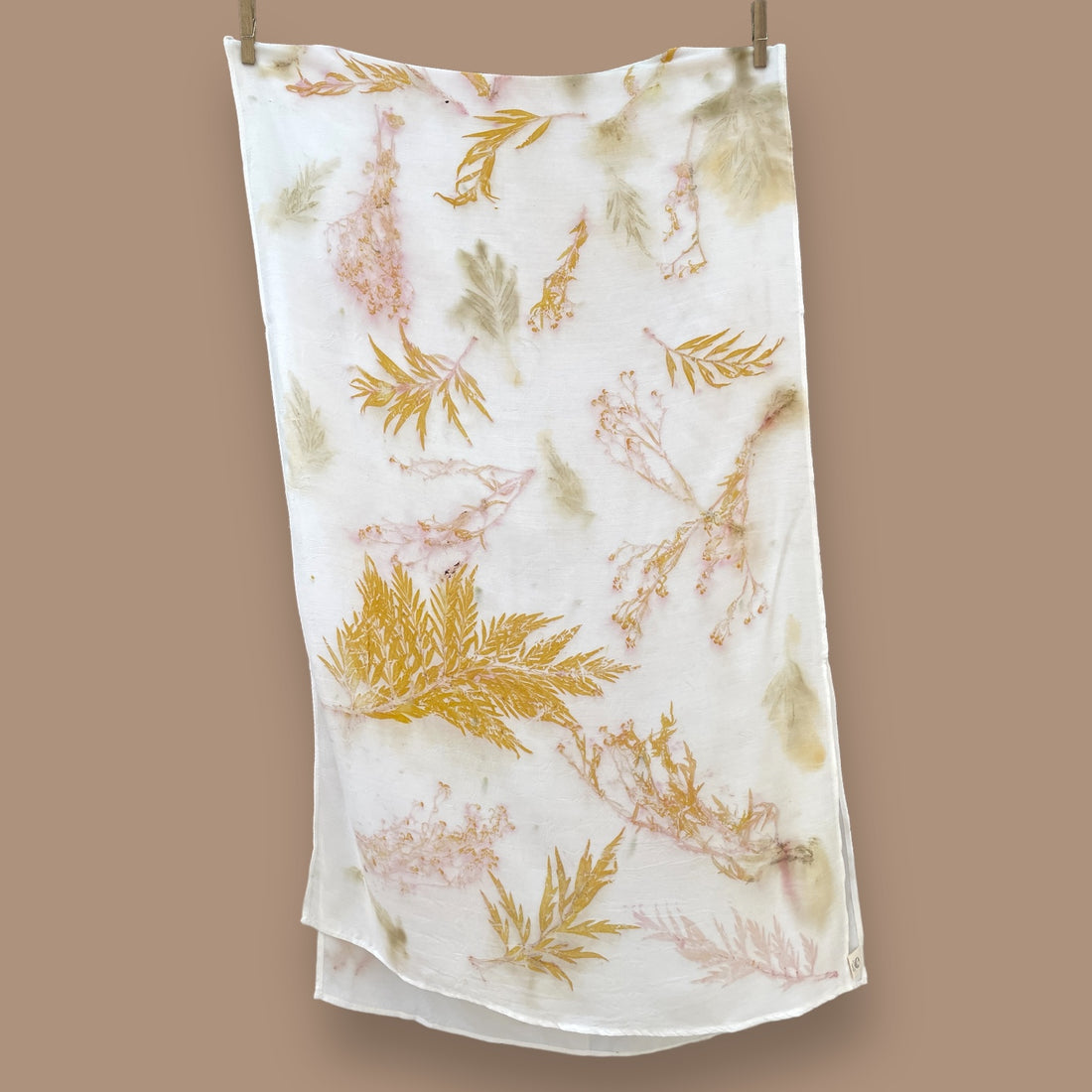Eco-printed Muslin Stole | White with Yellow Pink Leaves