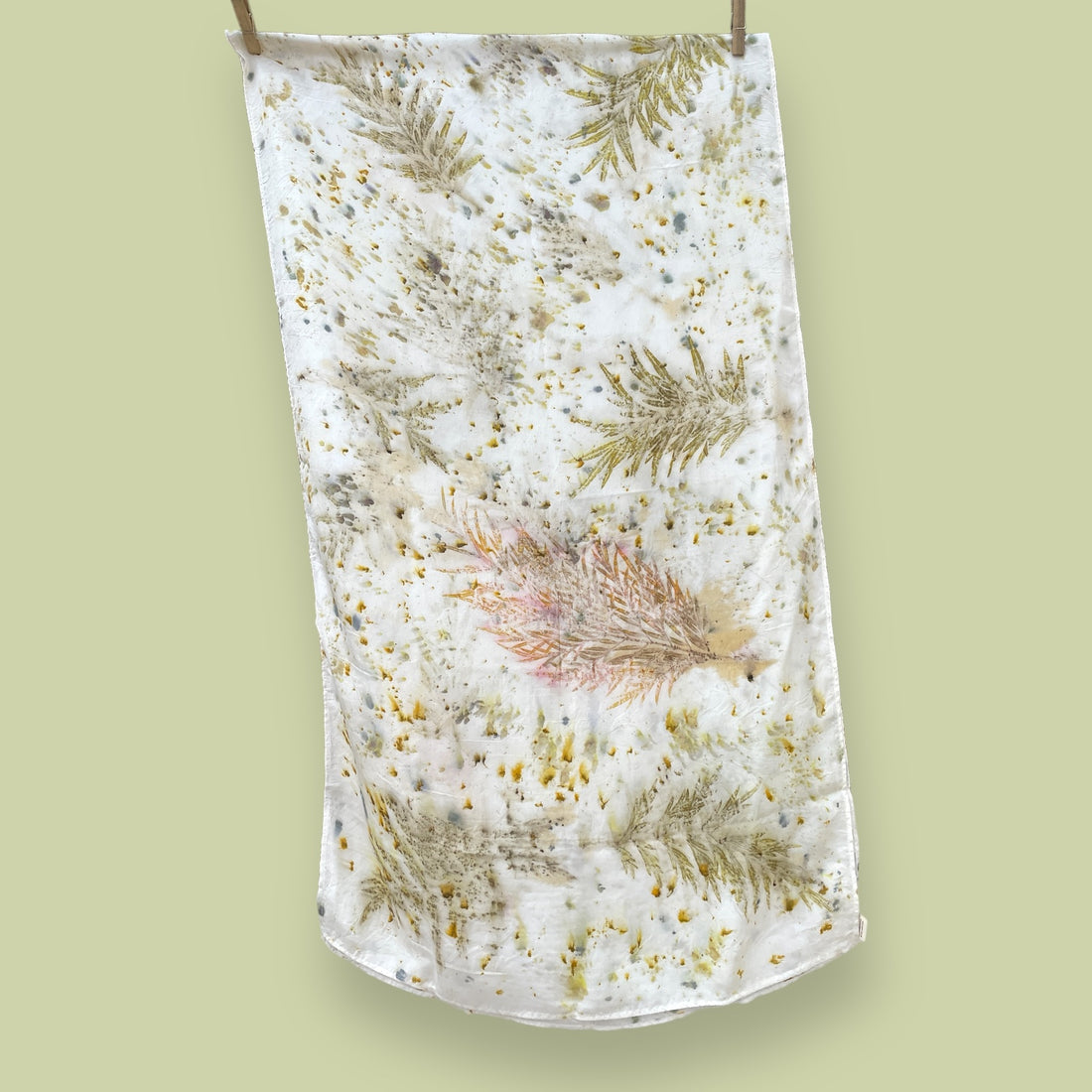 Eco-printed Silk Stole | White with Big Green Leaves and Yellow Green Print Small