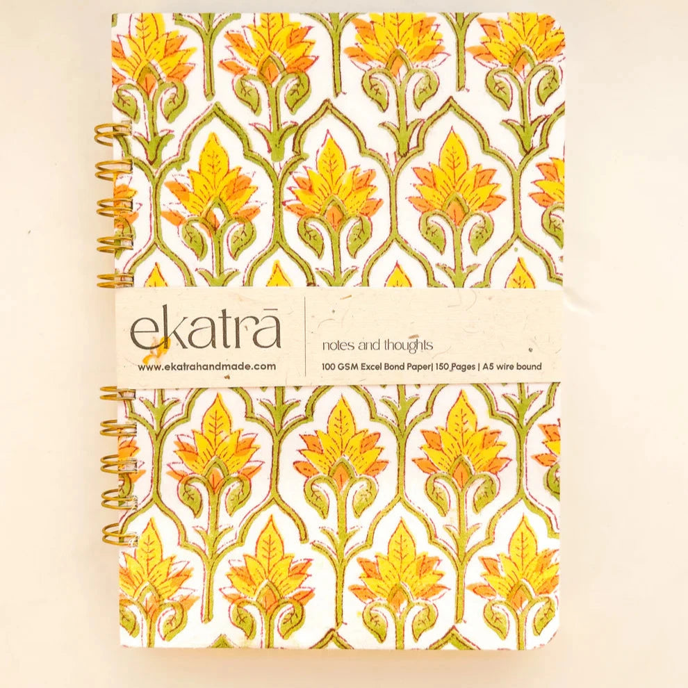 Blockprinted Fabric Cover Notebook | Spiral Bound | A5 | Yellow