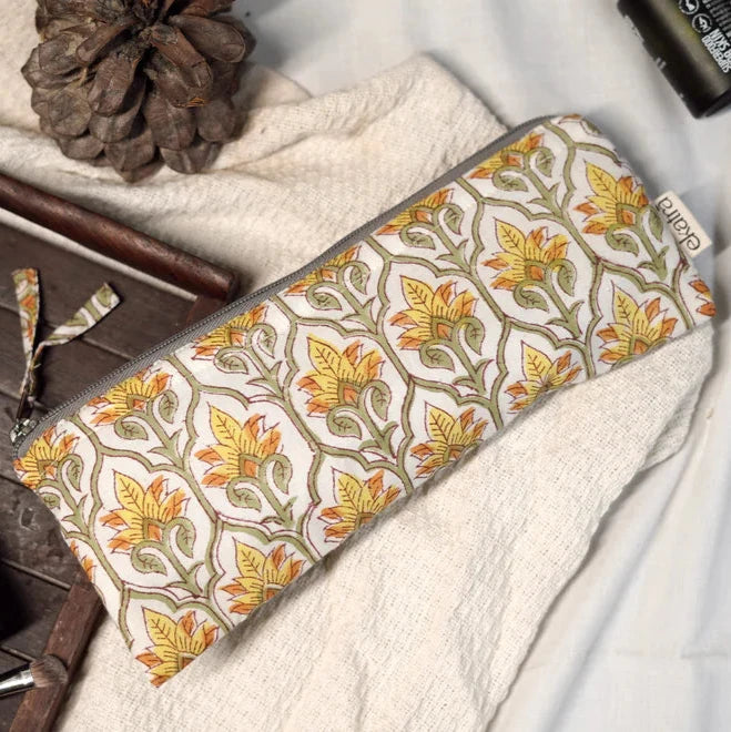 Blockprinted Sustainable Fabric Travel Pouch | Small | Orange Floral