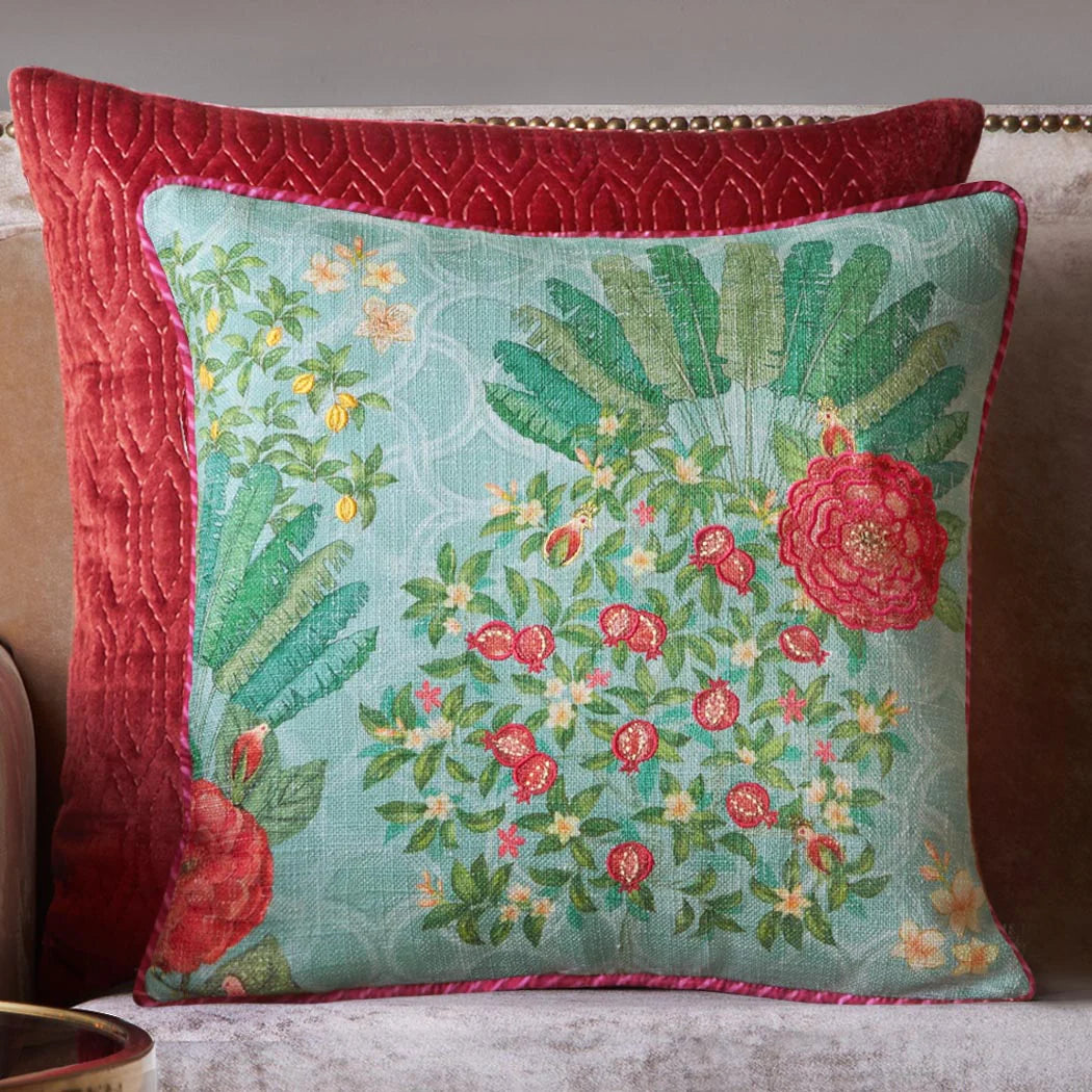 Pomegranate Palm Accent Embroidery Cushion Cover | Blue