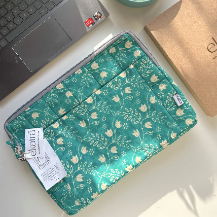 Blockprinted Sustainable Cotton Laptop Cover | Green
