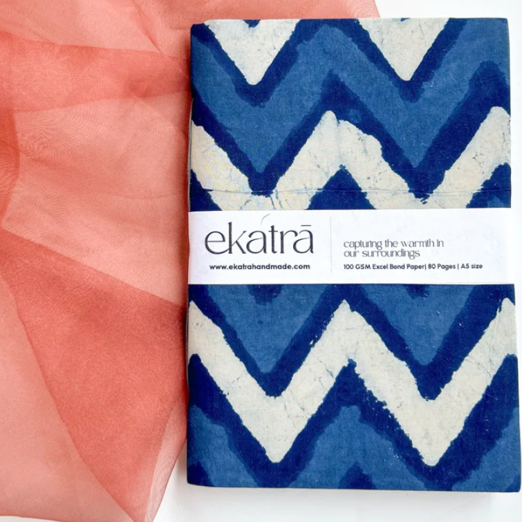 Blockprinted Fabric Cover Notebook | A6 | Blue Chevron