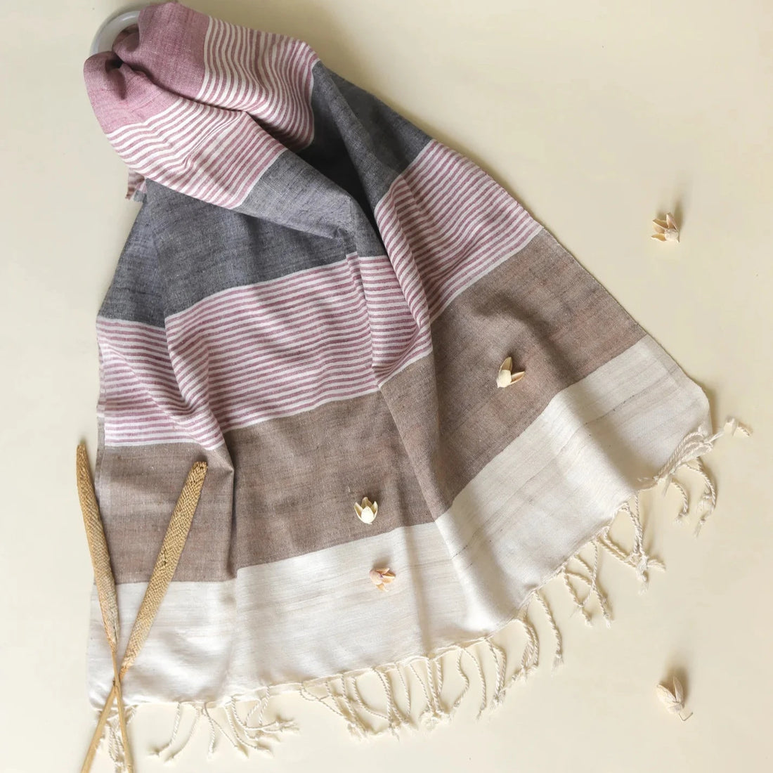 Ahimsa Peace Silk Stole | Grey, Brown & Pink Stripes