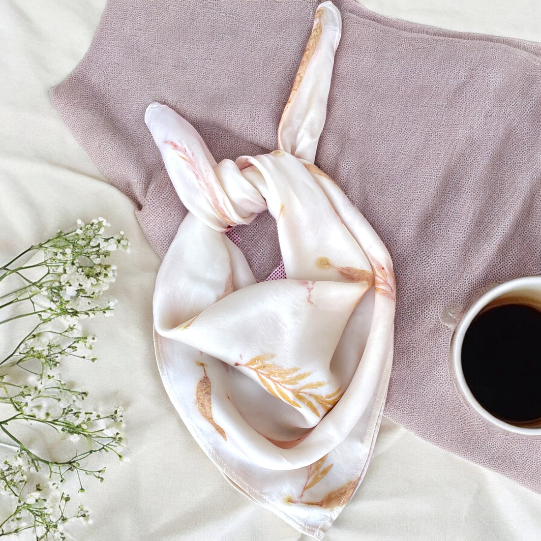 Eco-printed Bemberg Satin Bandana | Cream with Brown Leaves