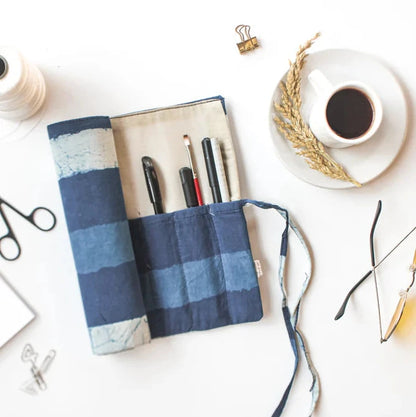 Blockprinted Fabric Roll-Up Case | Indigo Stripes
