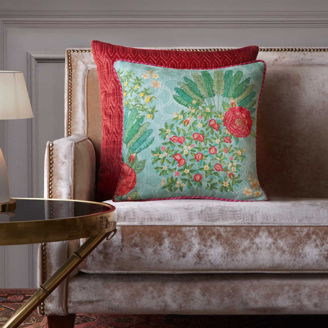 Pomegranate Palm Accent Embroidery Cushion Cover | Blue